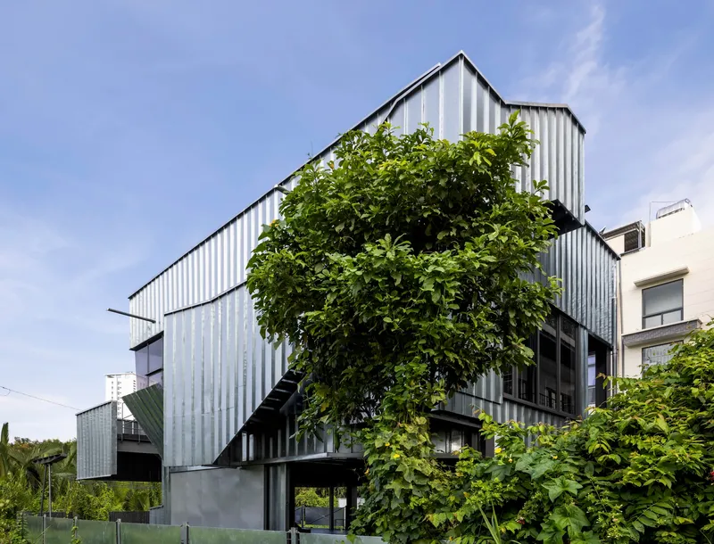 Street view of the gabled corrugated metal facade with a large fig tree growing through the volume