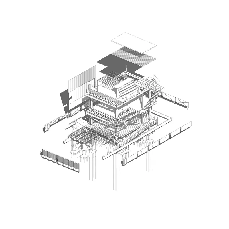 Exploded axonometric drawing showing the layered structural frame and roof assembly