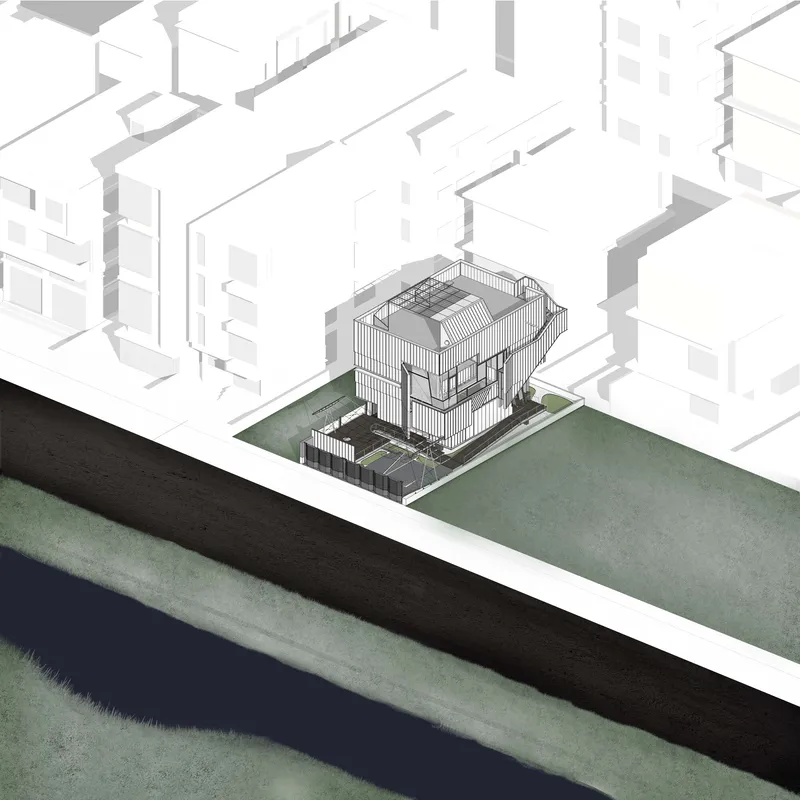 Axonometric site drawing placing the building within its waterfront and street context