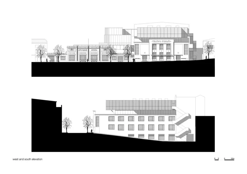 Elevation drawings showing the west and south facades with vertical fenestration and trees alongside figures