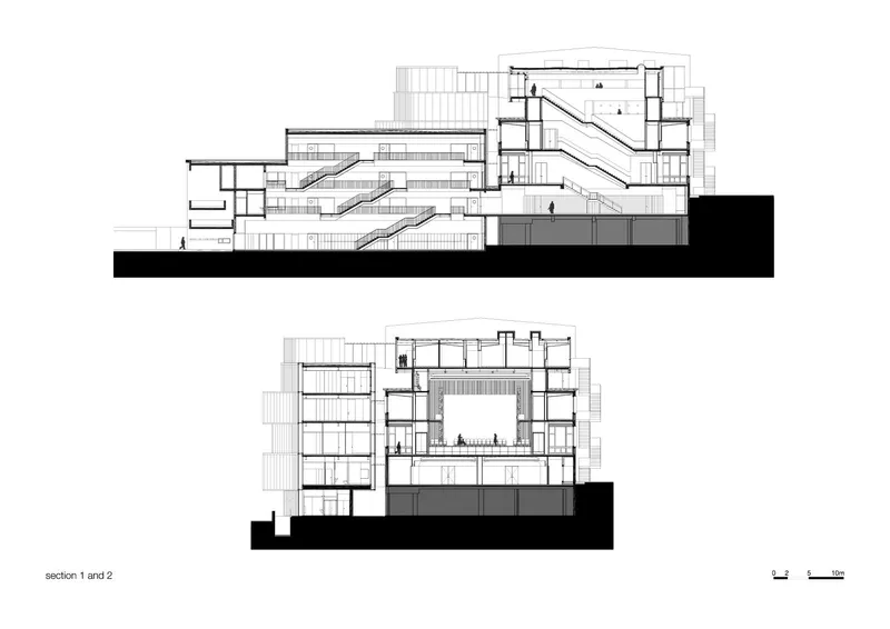 Section drawings revealing cascading interior staircases and multiple floor levels with circulation paths