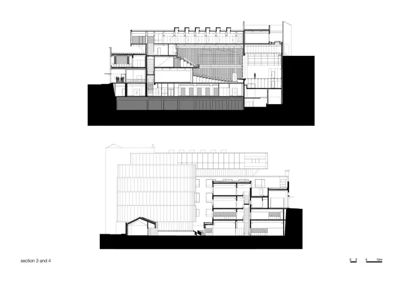 Section drawings depicting the auditorium volume and adjacent spaces across multiple floor levels