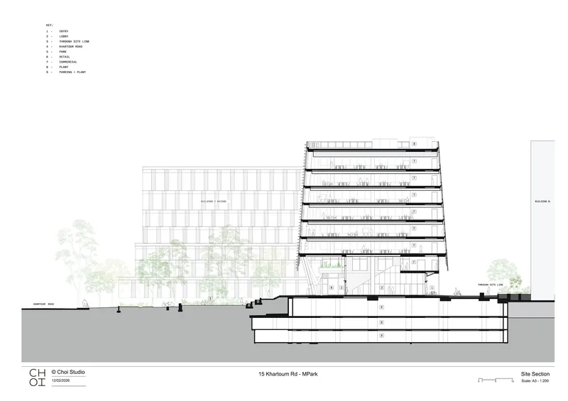 Section drawing showing basement parking levels below a tower with horizontal sun shading and green setbacks