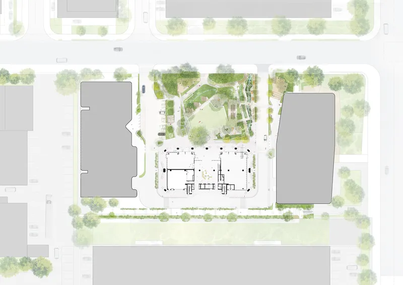 Site plan showing the ground floor footprint with diagonal pathways and landscaped zones between flanking buildings