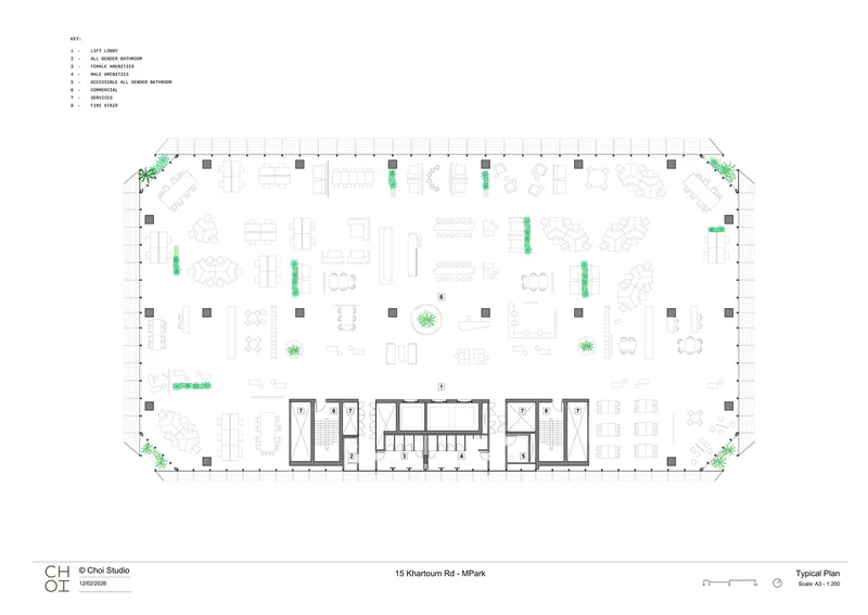 Typical floor plan with open office layout, central service core, structural columns and corner planters