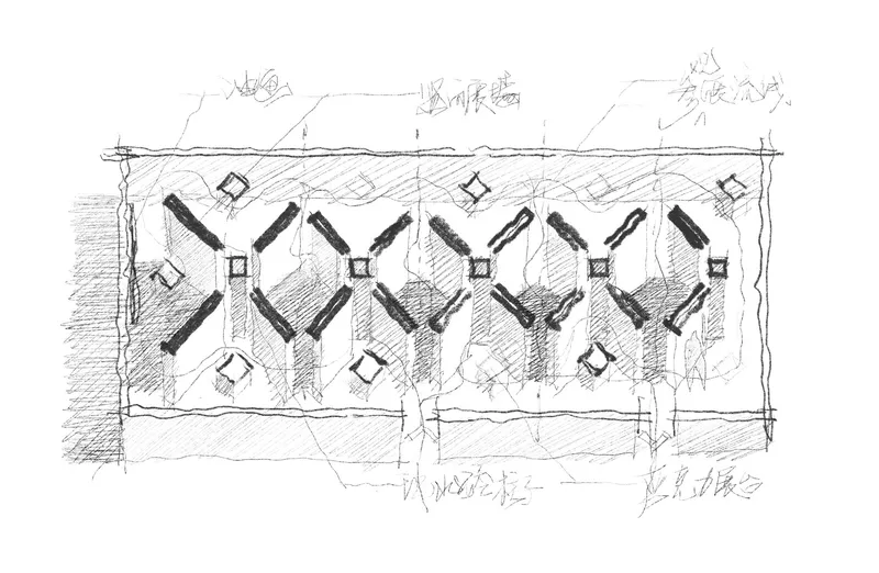 Plan sketch showing five diagonal units arranged in a row between forested edges