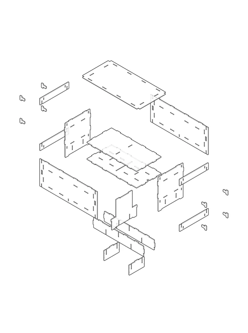 Exploded axonometric drawing revealing flat panel components and connection hardware in assembly sequence