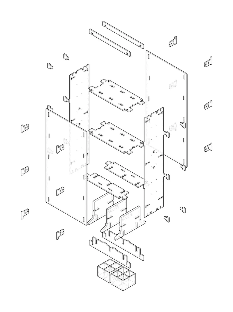 Exploded axonometric drawing showing vertical panels, horizontal shelves, and interlocking base components