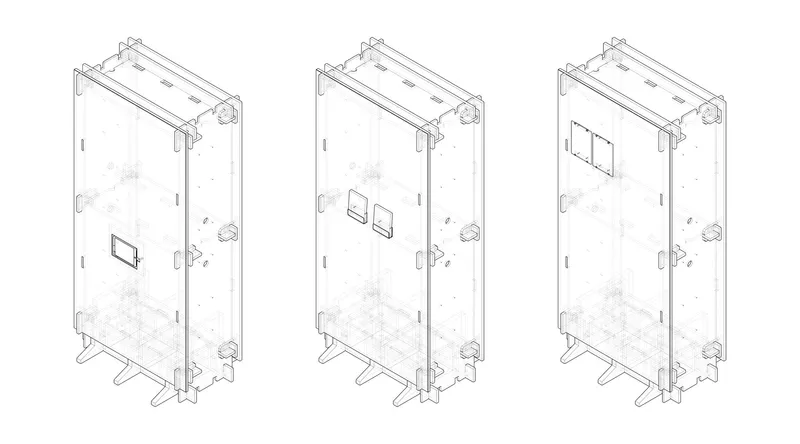 Isometric drawing showing three panel configurations with varying window placements and support feet