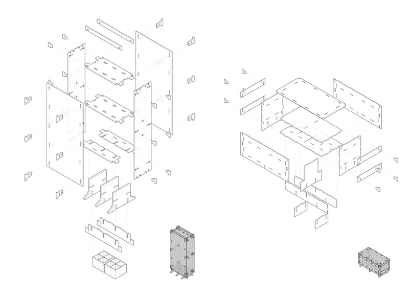 Exploded axonometric drawing of two modular units with side panels, shelves, and separate base elements