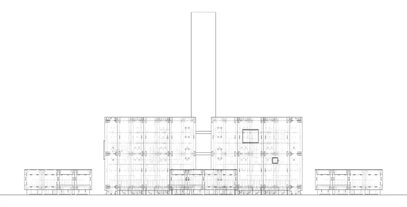 Elevation drawing depicting symmetrical building blocks with a central tower and smaller side structures