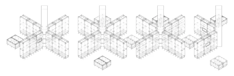 Axonometric drawing of four connected pinwheel units with central towers and detached corner volumes