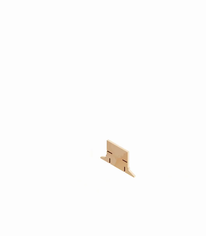 Axonometric drawing of a timber wall panel with rectangular window openings and connecting tabs