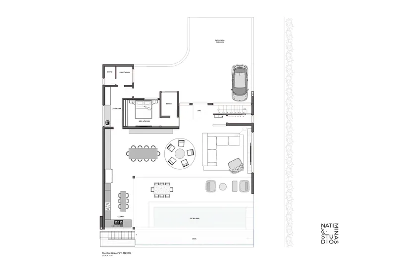 Ground floor plan drawing indicating open living areas, garage and outdoor terrace