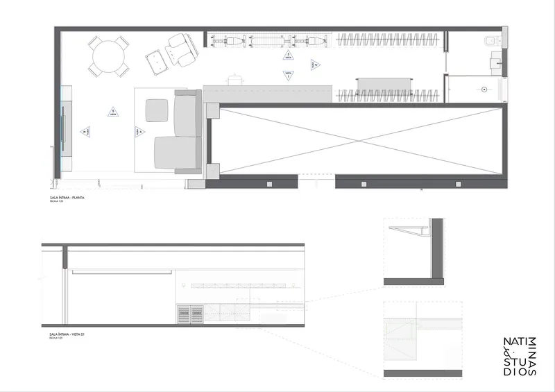 Ground floor plan and elevation drawings showing open living areas with pool and storage volumes
