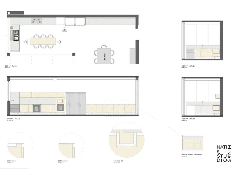 Kitchen plan and elevation drawings with material indications and detail sections of wood and tile finishes