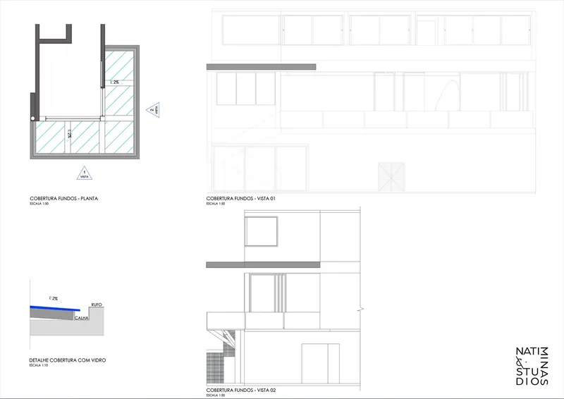 Roof terrace plan and elevation drawings showing glazed pool enclosure with stair and section detail