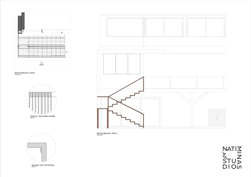 Staircase elevation and detail drawings showing metal railing, tread profile, and corner edge conditions