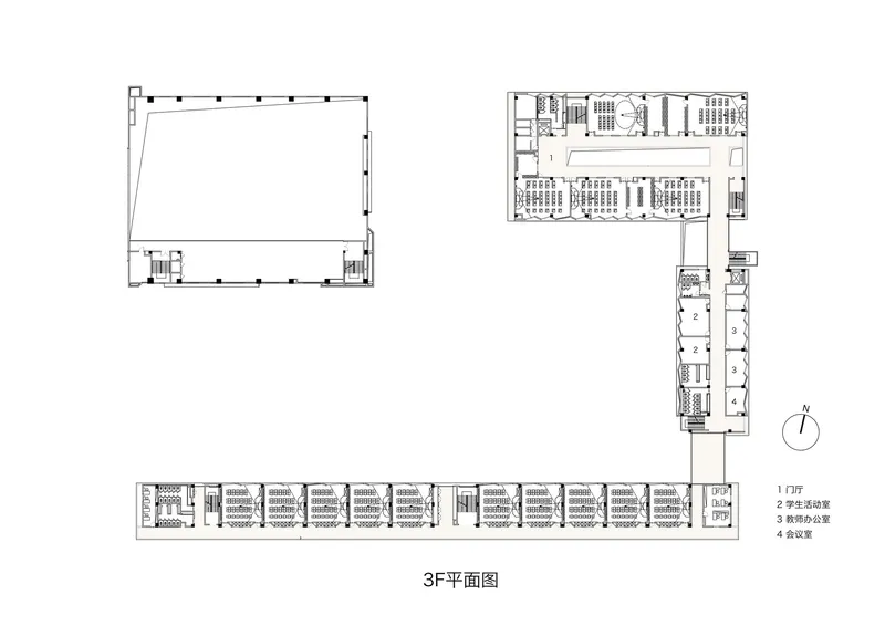 Floor plan drawing showing a U-shaped campus layout with a large open courtyard and classroom wings