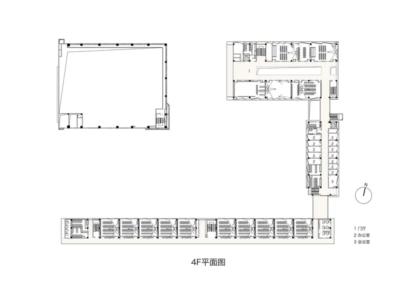 Floor plan drawing showing a U-shaped campus layout with a courtyard and interconnected classroom wings