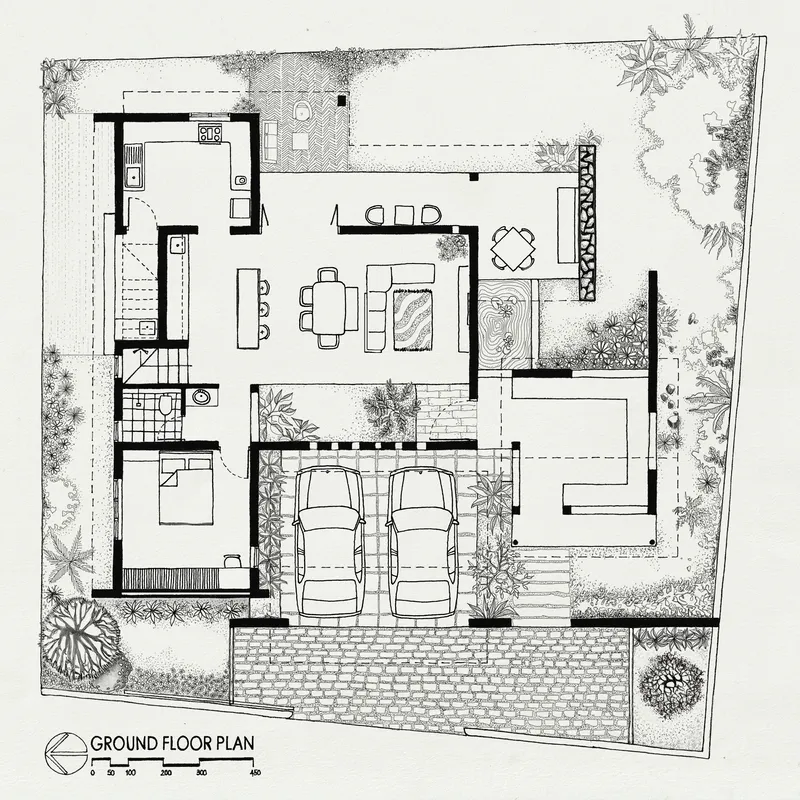 Ground floor plan drawing showing open living and dining areas with double carport and landscaped courtyard