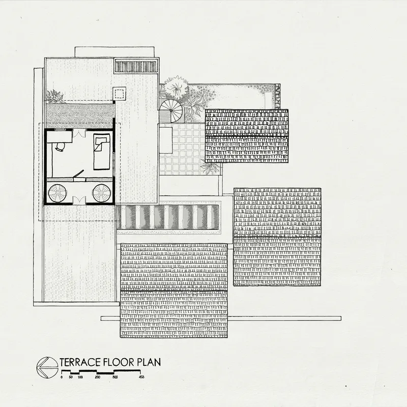 Terrace floor plan drawing showing a bathroom, courtyard, pool, and planted areas with varied paving textures