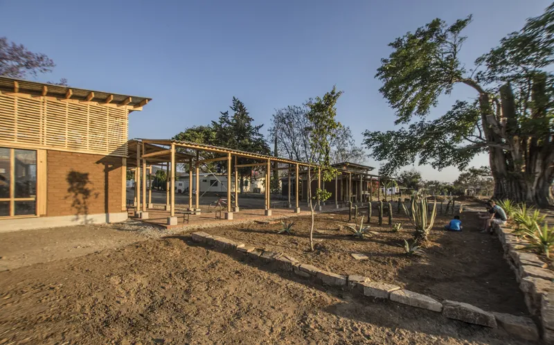 Brick pavilion with timber pergola extending across the newly planted courtyard at sunset