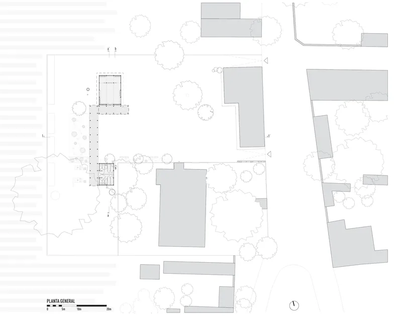 General plan drawing depicting a single structure among existing buildings and tree canopies