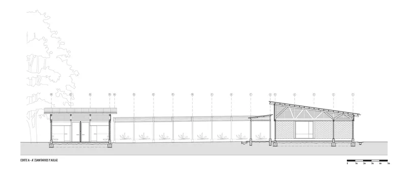 Section drawing showing a timber colonnade connecting a two-story volume to a lower pavilion