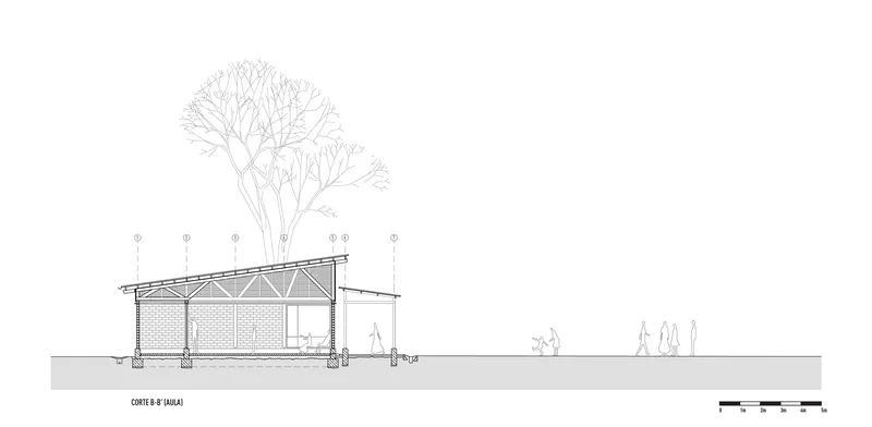 Section drawing of a single-story structure with exposed roof trusses and masonry walls