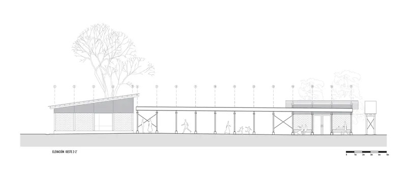 Elevation drawing showing the full length of the linear pavilion with repeating columns and trees