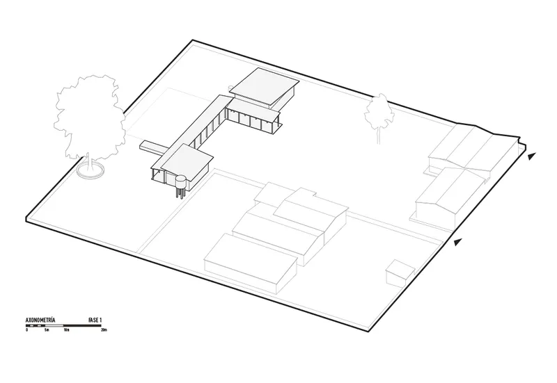 Axonometric drawing showing the site layout with scattered pavilions and surrounding landscape