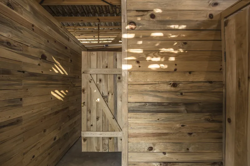 Reclaimed wood barn door with diagonal bracing under dappled sunlight through slatted roof structure