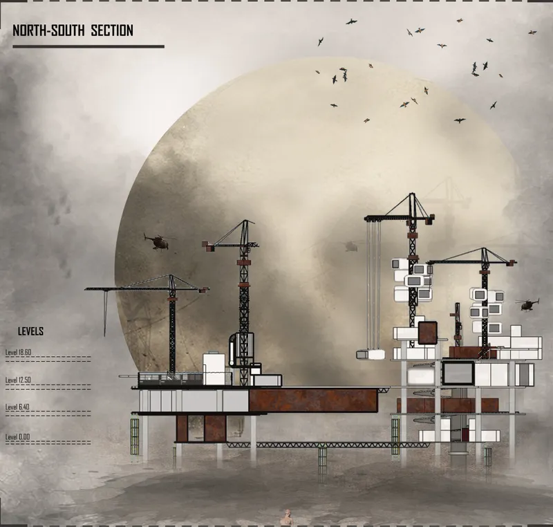 Sectional study revealing the layered relationship between laboratories, museums, and living spaces above the sea.