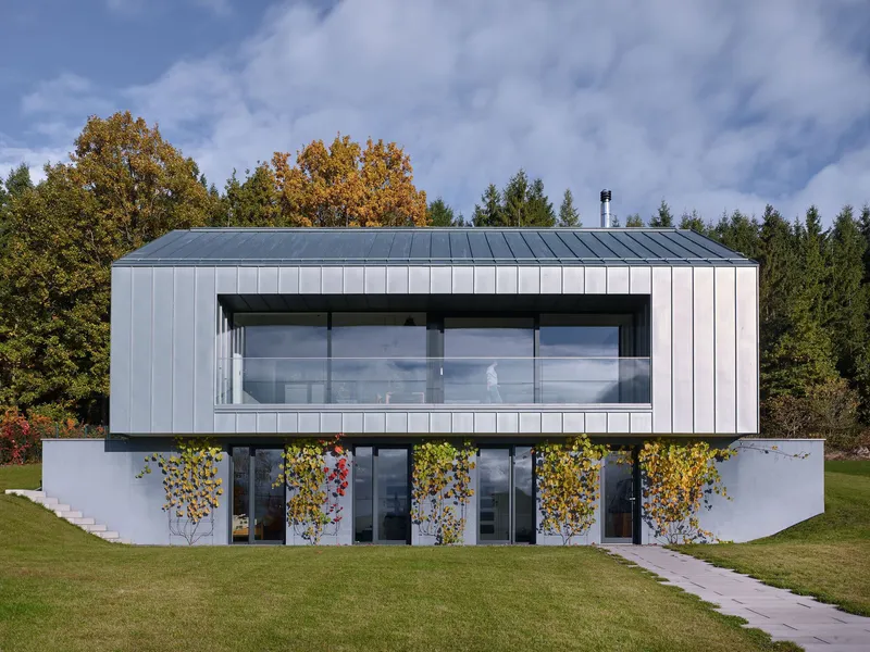 Two-story facade with vertical metal cladding above a white base with climbing vines turning yellow in autumn