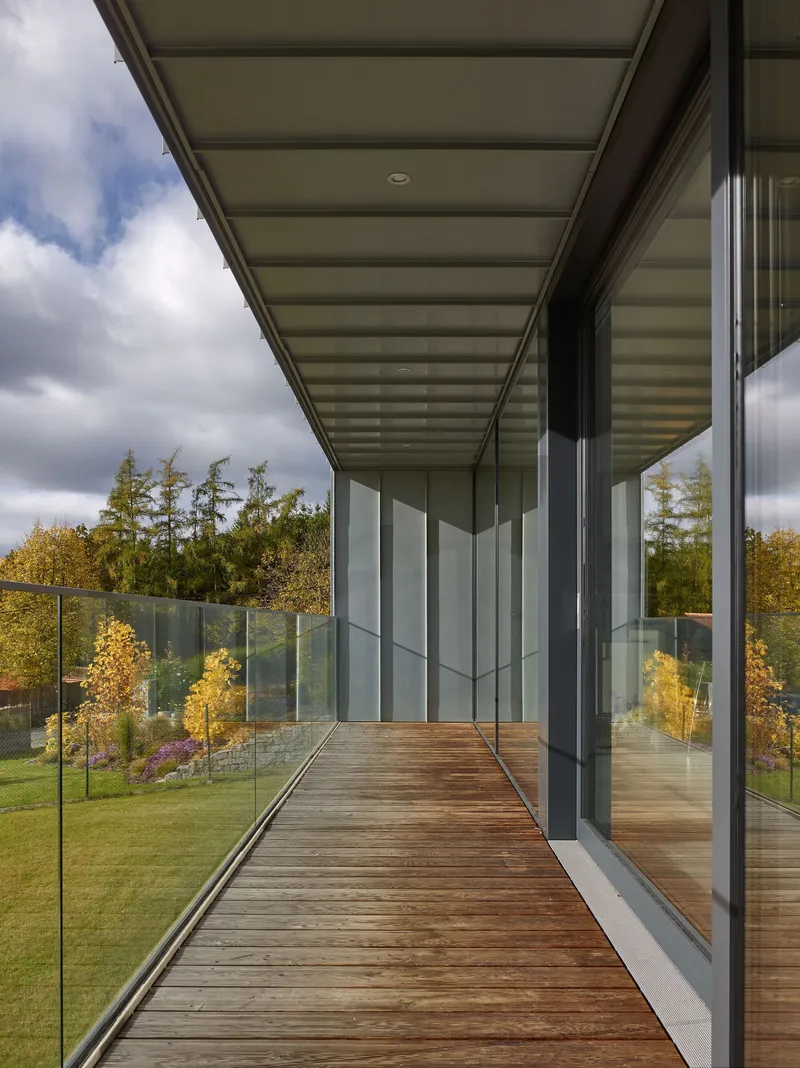 Cantilevered timber deck with glass balustrade and translucent soffit panels overlooking trees in autumn foliage