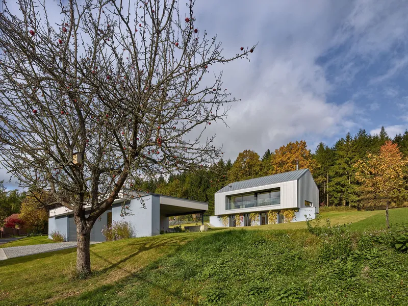 Split-level residence with white base and metal-clad upper volume on a grassy slope beside a bare tree