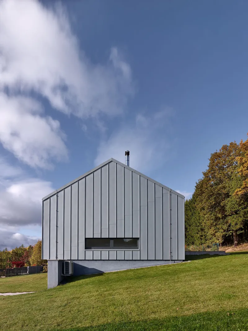 Gable end facade with horizontal window band and vertical metal cladding against autumn foliage