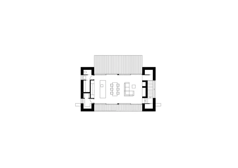 Floor plan drawing of the upper level showing open living and dining spaces