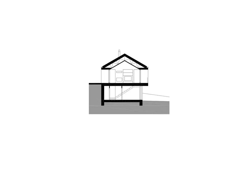 Section drawing showing a two-story house with pitched roof and partial basement level