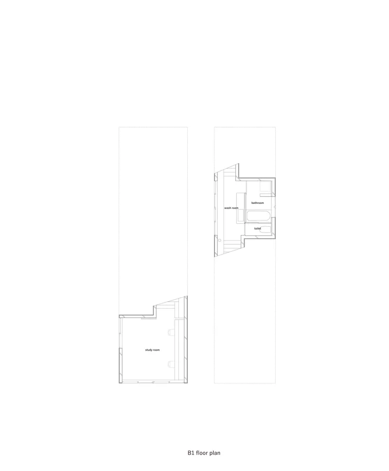 Floor plan drawing showing two offset rectangular volumes with bathroom and bedroom spaces