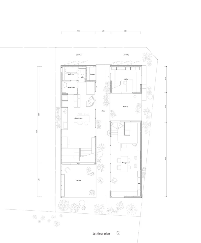 First floor plan drawing showing split volumes with terraces and courtyard plantings