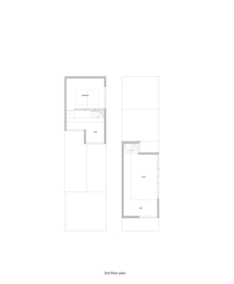 Second floor plan drawing showing two offset bedroom volumes connected by a stairwell