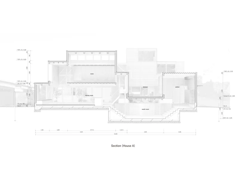 Section drawing showing multi-level spaces with clerestory windows and stepped floor plates