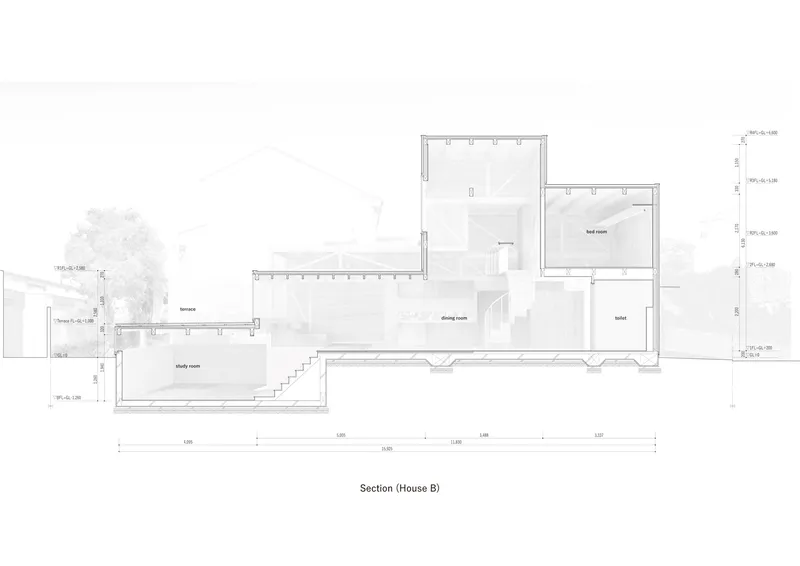 Section drawing showing split-level volumes with stairs connecting dining and living areas