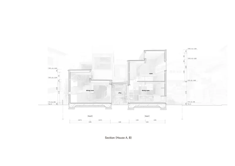 Section drawing through two houses showing split-level interior spaces and stepped roof volumes