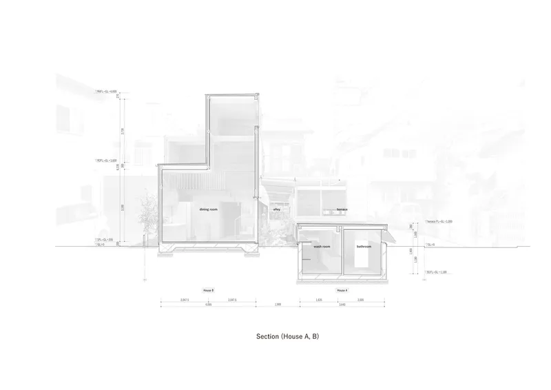 Section drawing revealing the varied ceiling heights and spatial relationships between dining room office and bathroom