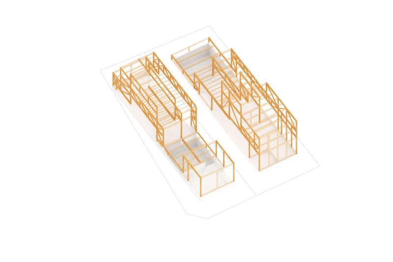 Axonometric drawing of the timber structural frame showing posts beams and floor plates