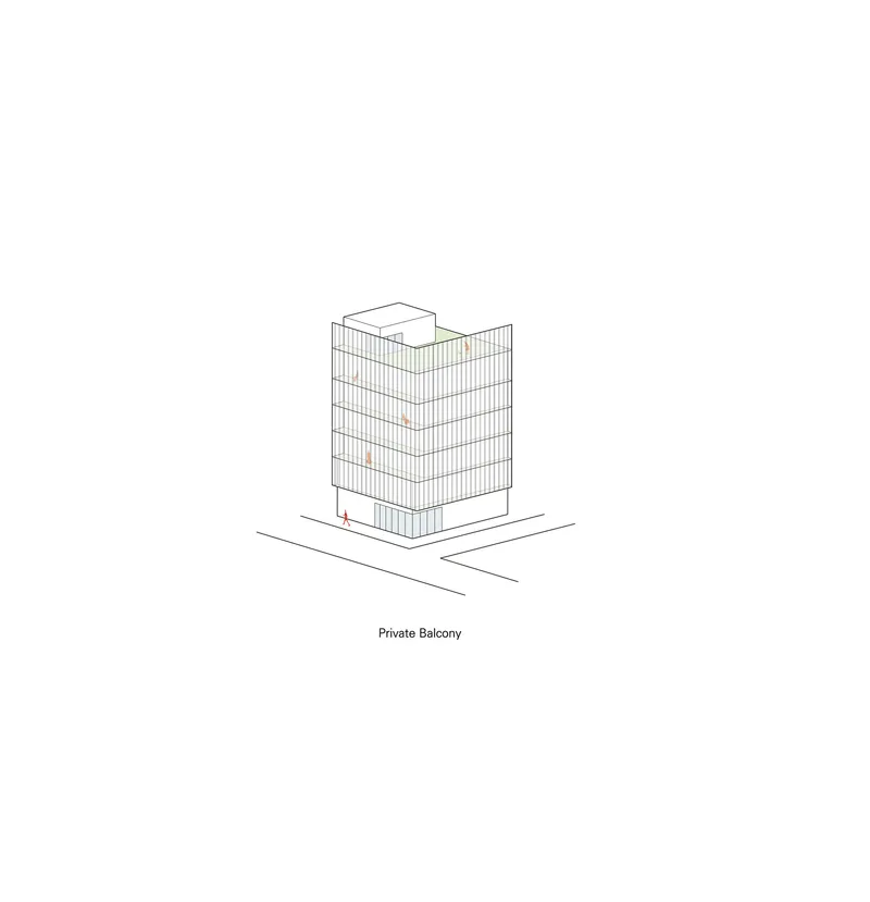 Isometric drawing of a tower with vertical facade lines and a green rooftop volume