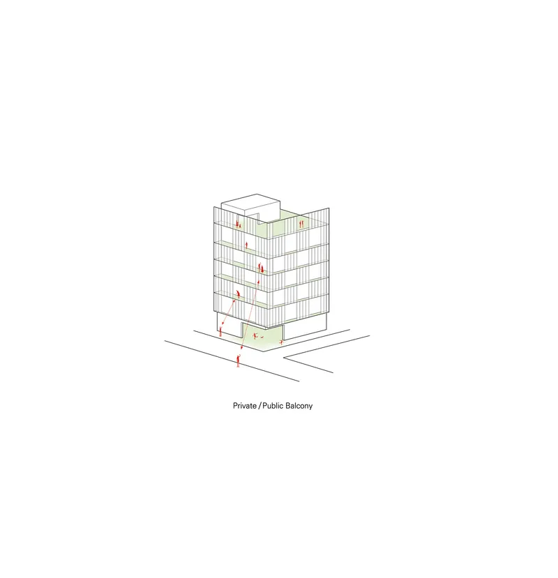 Isometric drawing showing a tower with mixed private and public balconies marked in red